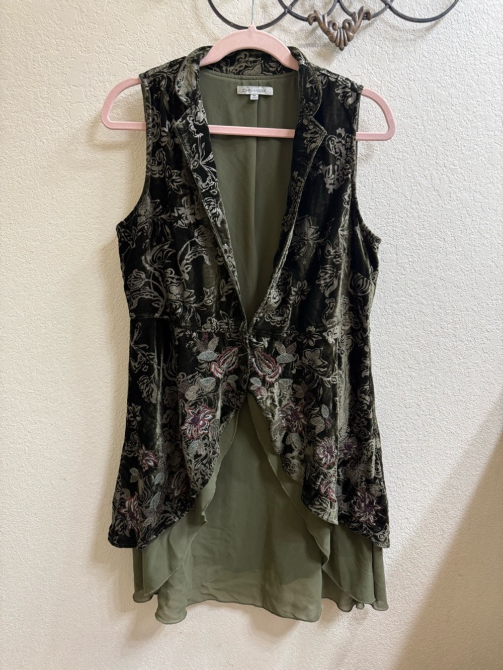John Mark Olive Green Velvet Floral High-Low Vest/Cardigan